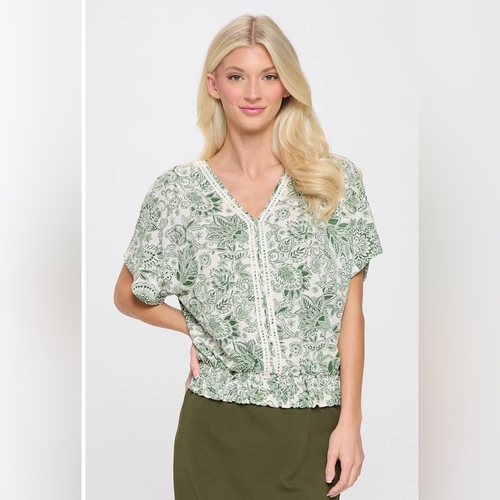 EUC Parallel Skies Smocked Waist V-Neck Blouse